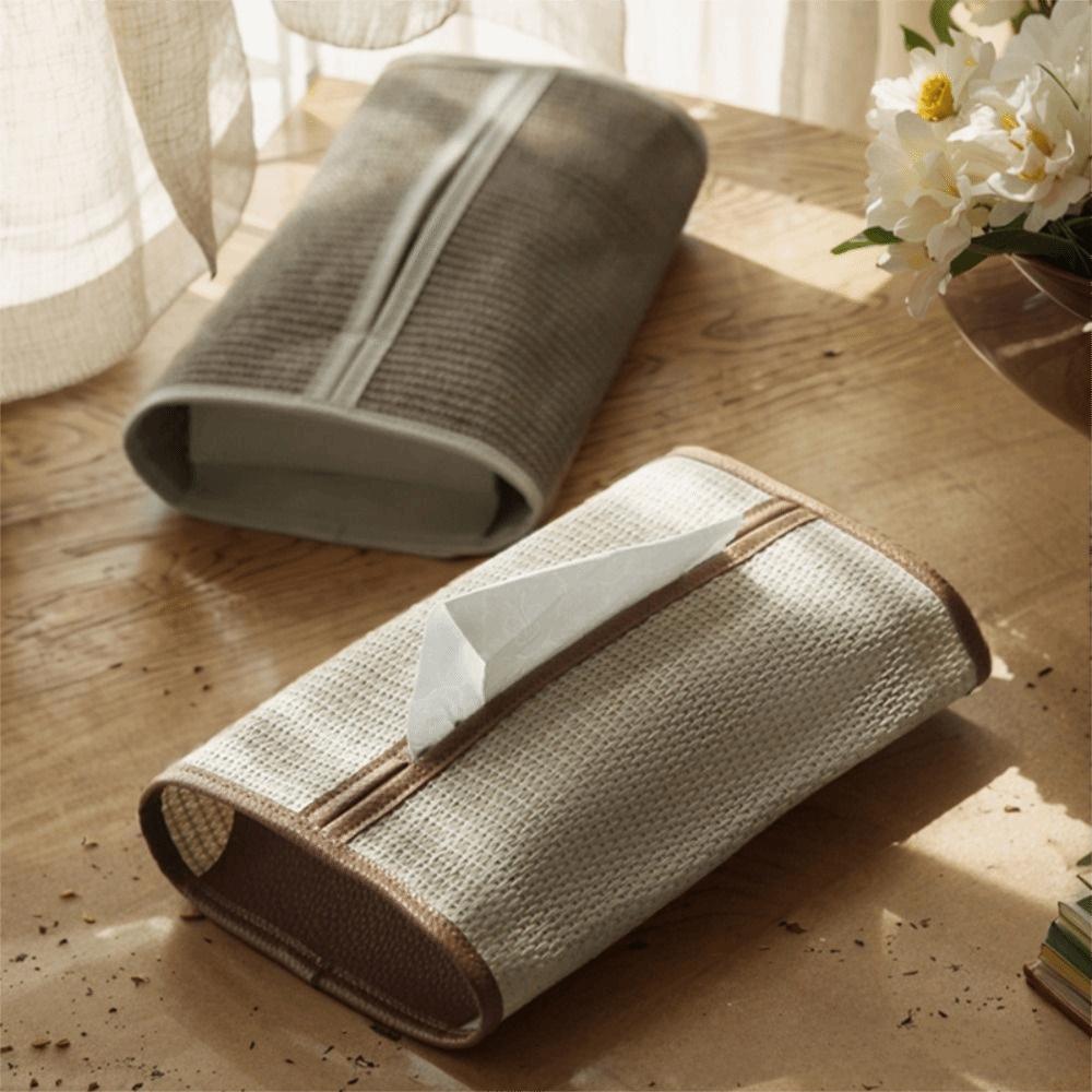 Rectangle Shape Woven Tissue Box High-End Ornament Straw Woven Paper Towel Holder Large Capacity PU Leather
