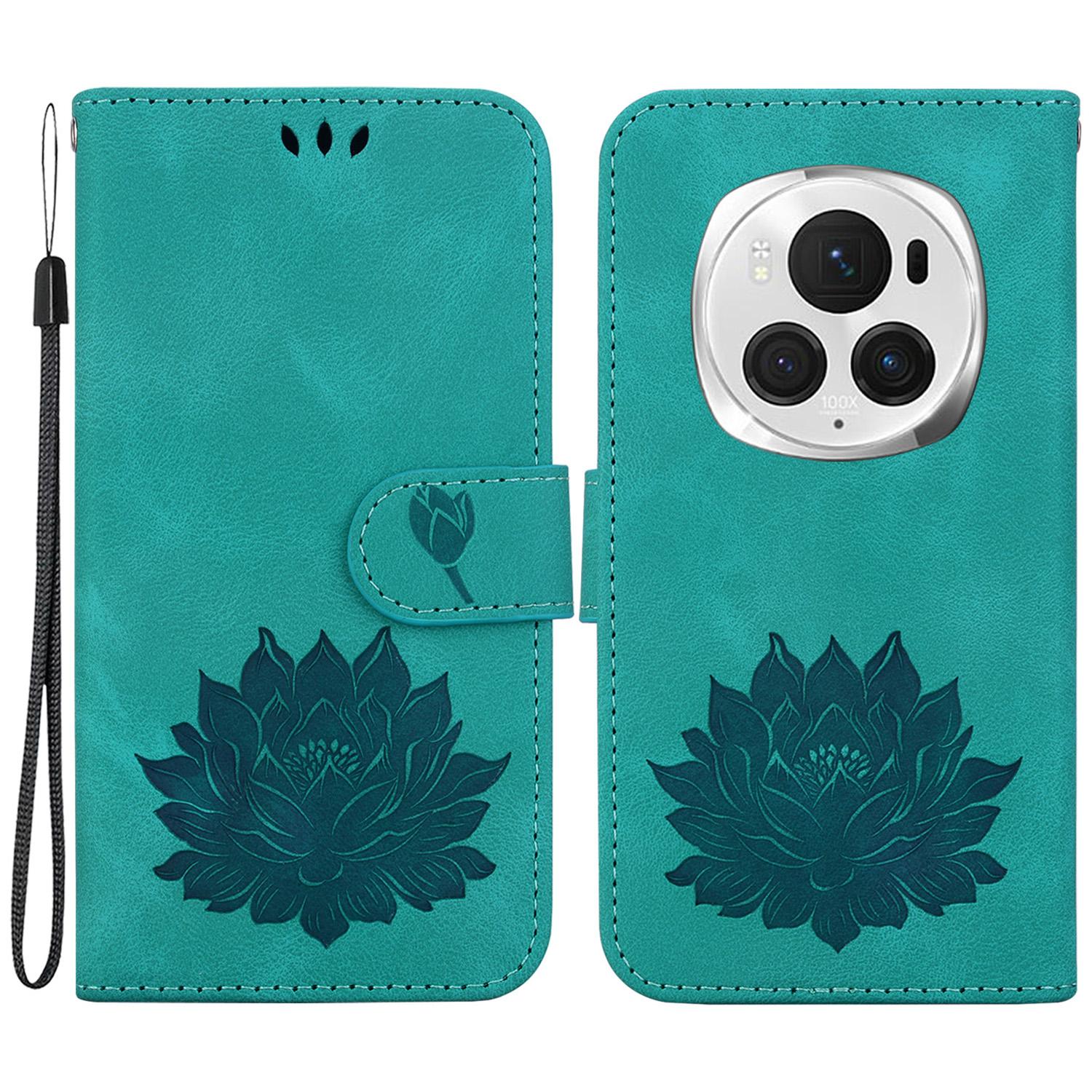 

For Honor Magic6 Pro 5G Case Leather Lotus Phone Cover Wallet with Card Holder Green