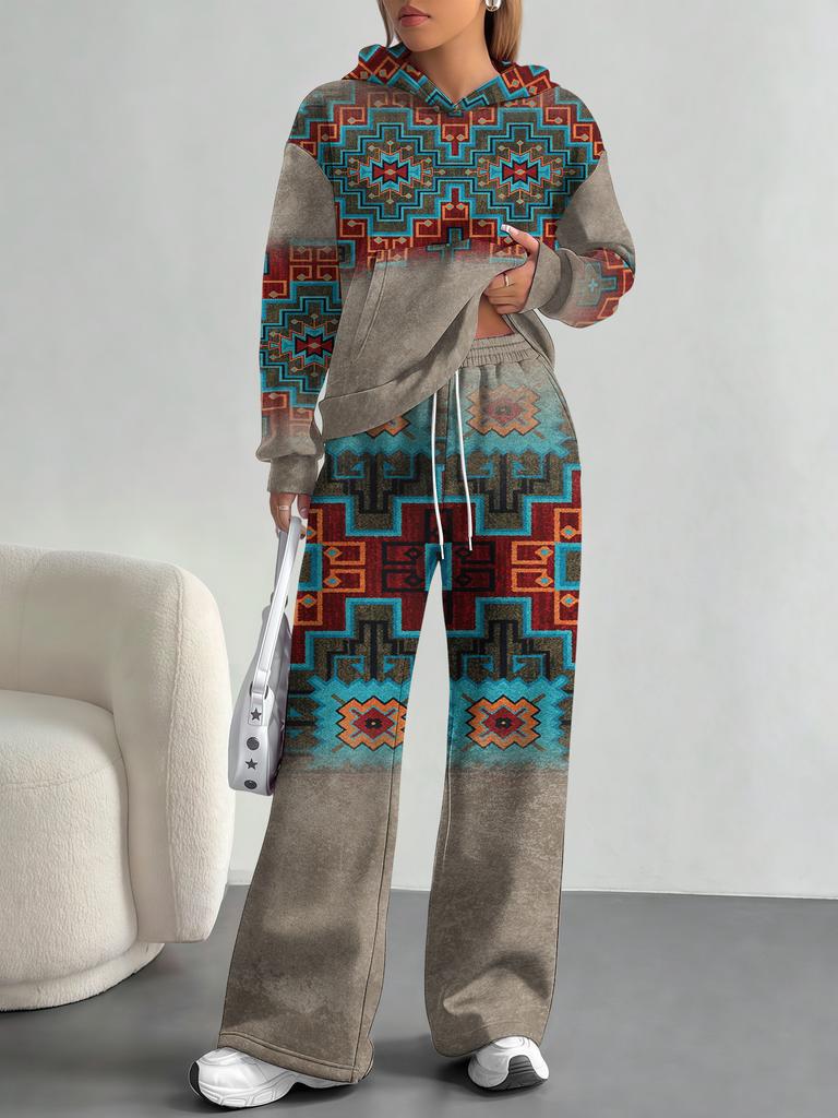 European And American Autumn And Winter Casual Long-Sleeved Suit Women'S Bohemian Hooded Sweater Trousers Two-Piece Set
