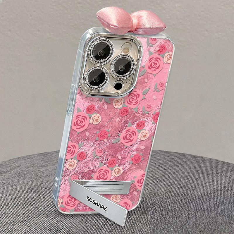 Full Screen Rose Bow Bracket Suitable for Apple 16 Mobile Phone Case 15/14PRO Tin Foil Glacier Pattern 13 Lens Film