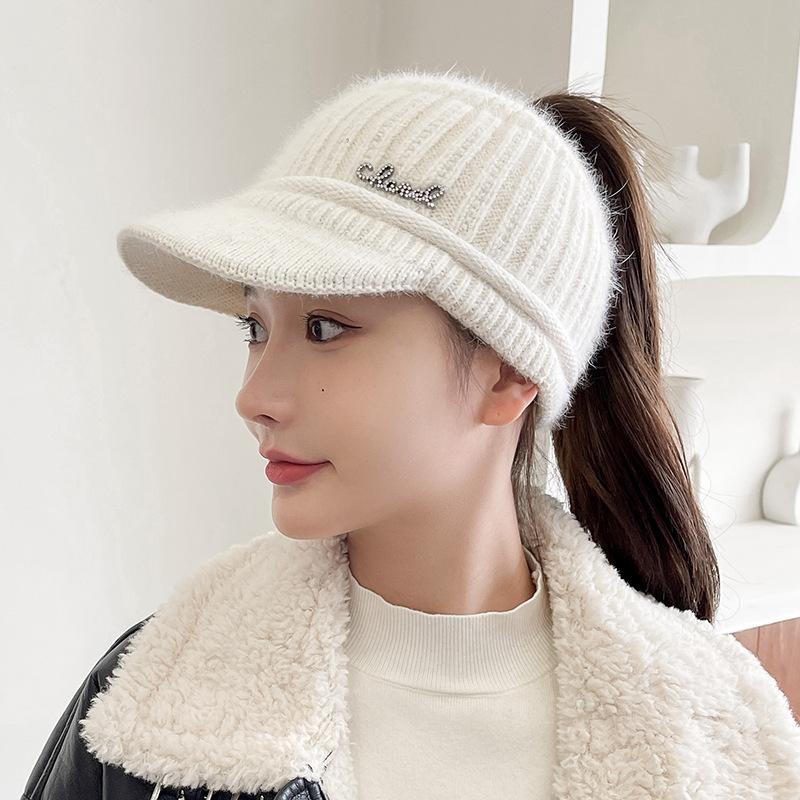 Autumn and winter versatile iron standard knitted rabbit wool hat women's fleece thickened warm ear protection duck tongue empty top hat