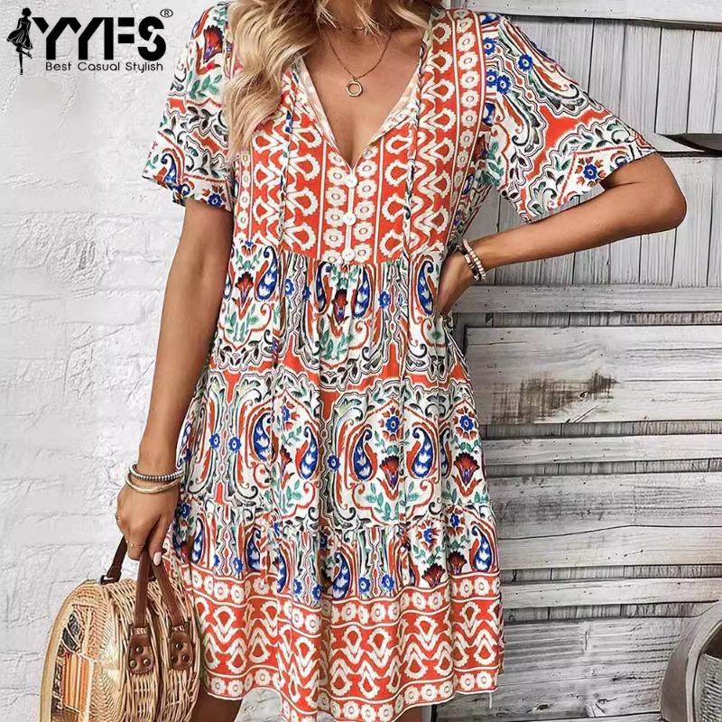 

YYFS женская мода лето весна геометрический принт с короткими рукавами и v-образным вырезом свободная талия повседневные платья