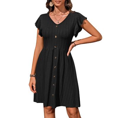 Ladies Summer New V-neck Button Waist Stretch Short Sleeve Dresses