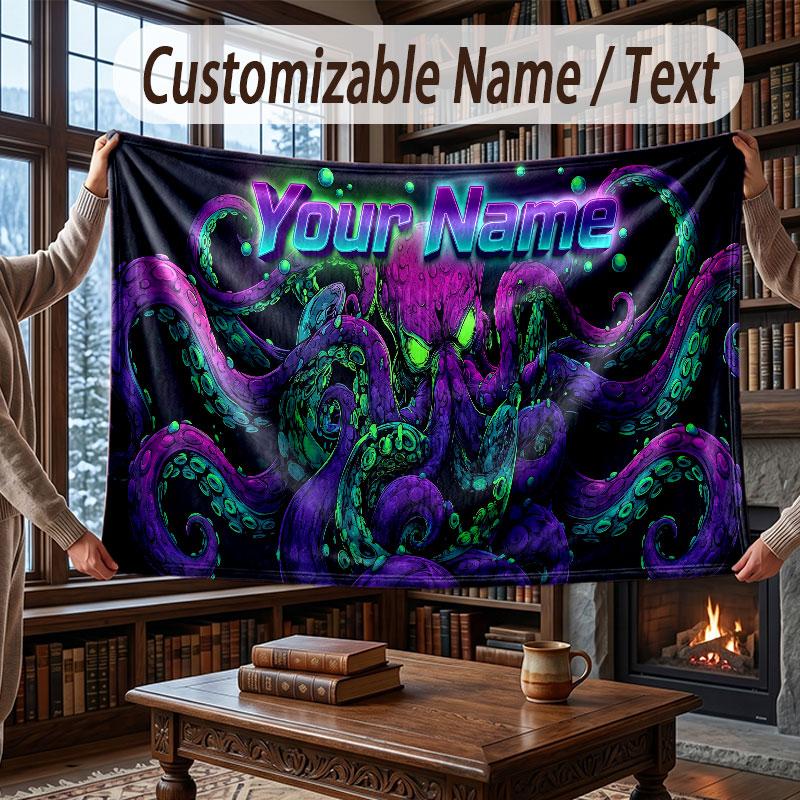 Octopus Sea Life Theme Throw Blanket Custom Name Text Personalized Blanket Soft Cozy Blanket for Home Sofa Bed