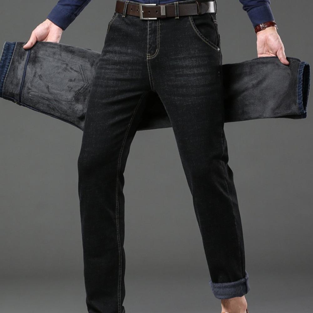 Winter Fleece Thick Jeans Men Business Casual Straight Trousers Male Classic Blue Black Jeans For Men Work Denim Man Pants