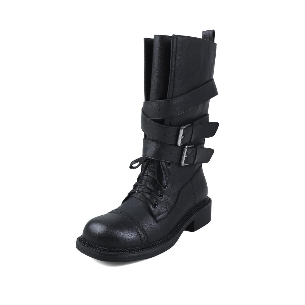 British style lace-up belt buckle thick heel Martin boots women's 2025 new fashion medium tube versatile brown short boots