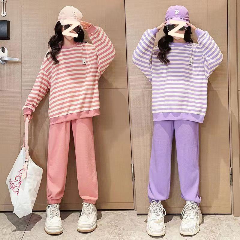 

Stylish Striped Sweatshirt And Pants Children s Sportsuit For Spring And Autumn Korean Version 2-Piece Set For Girls 120 рожевий
