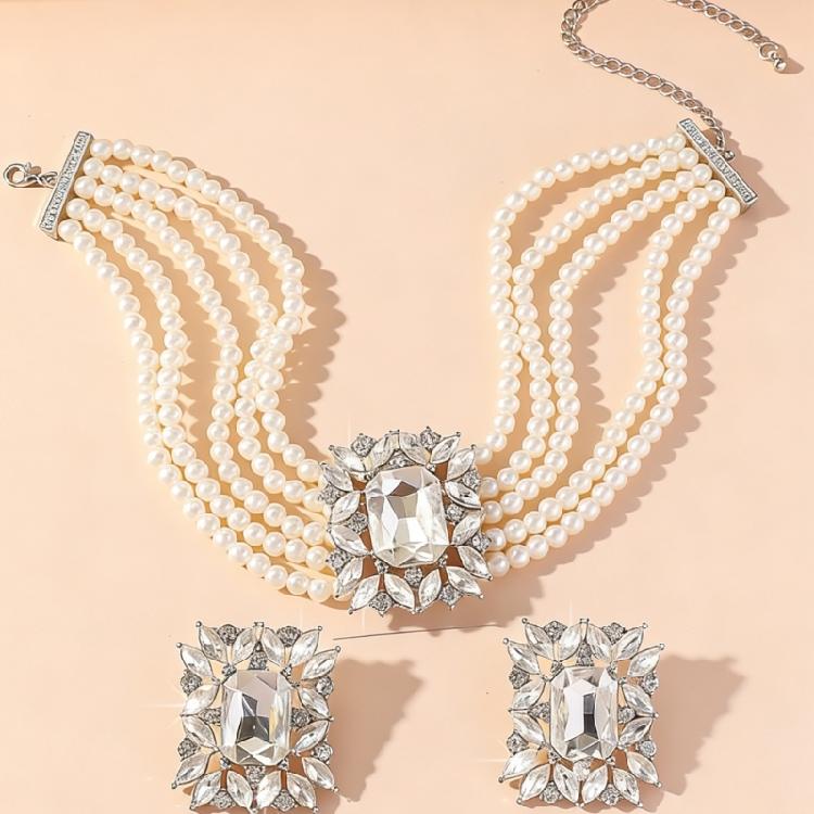 Chic Geometric Design Colorful Crystal Accented Layering Pearls Necklace And Earrings Jewelry Set for Gatherings