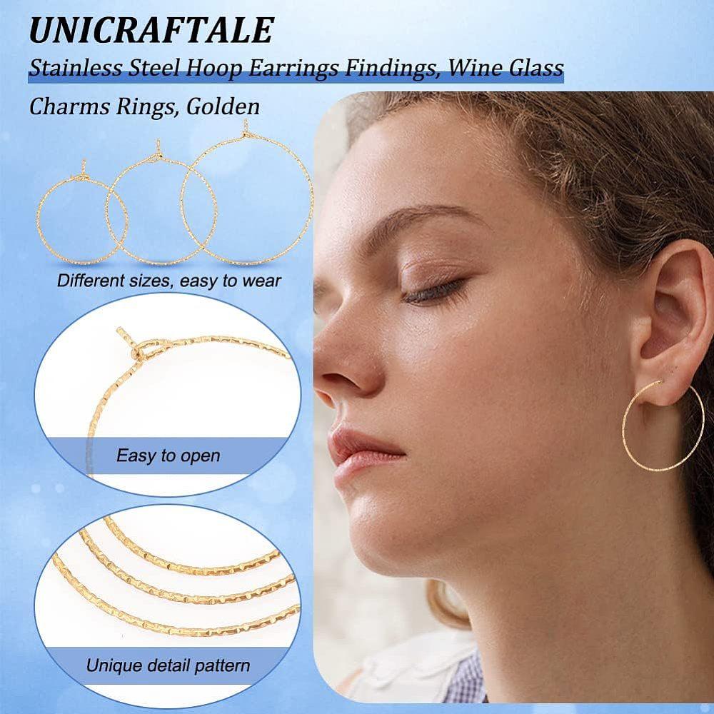 36Pcs 3 Size Ion Plating(IP) 316 Surgical Stainless Steel Hoop Earrings Findings Wine Glass Charms Rings Nickel Free Golden 25~34x21~30mm Pin: 0.6mm