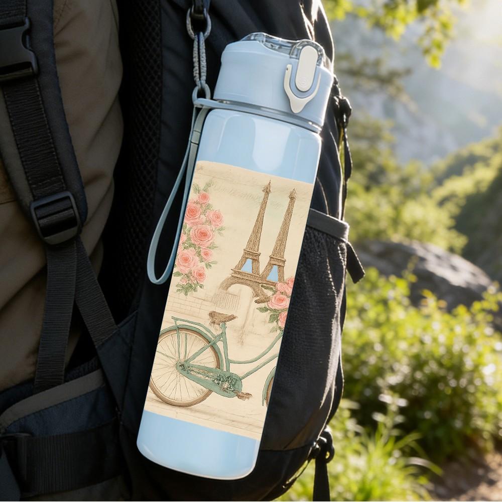 1PC Retro Bike Cherry Blossom Card 750ml Color Plastic Sports Water Bottle Leakproof Flip Straw Lid For Sports Office Home Use