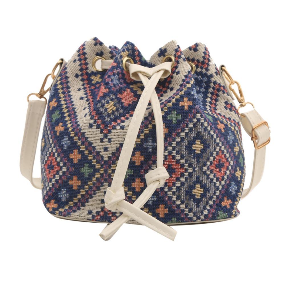 Modische Leinenstoff Eimer Tasche Blumenmuster Verstellbarer Kordelzug Schultertasche Ethnischer Stil Umhängetasche Damenmode