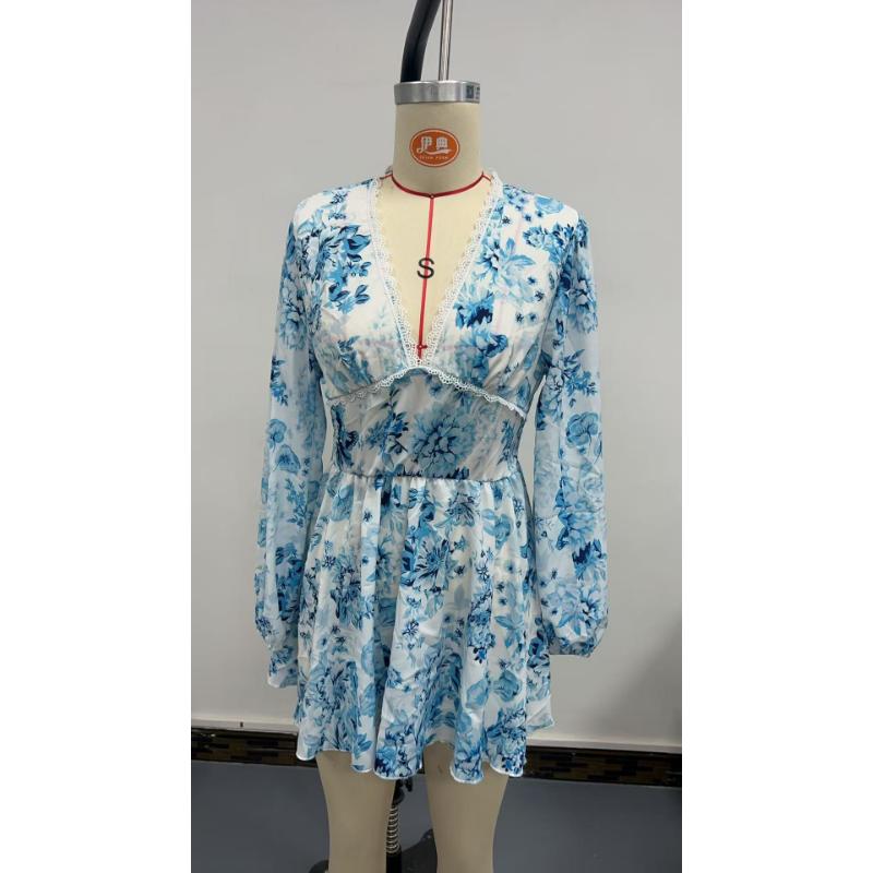 Women's Lace Trim V Neck Floral Print Mini Dress, Long Sleeve Casual Vacation Boho Ruffle Hem Beach Dress for Women