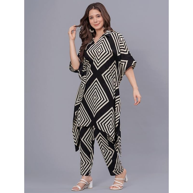 rytras Women s Printed Kaftan Kurta and Pant Set(Black,XL) L