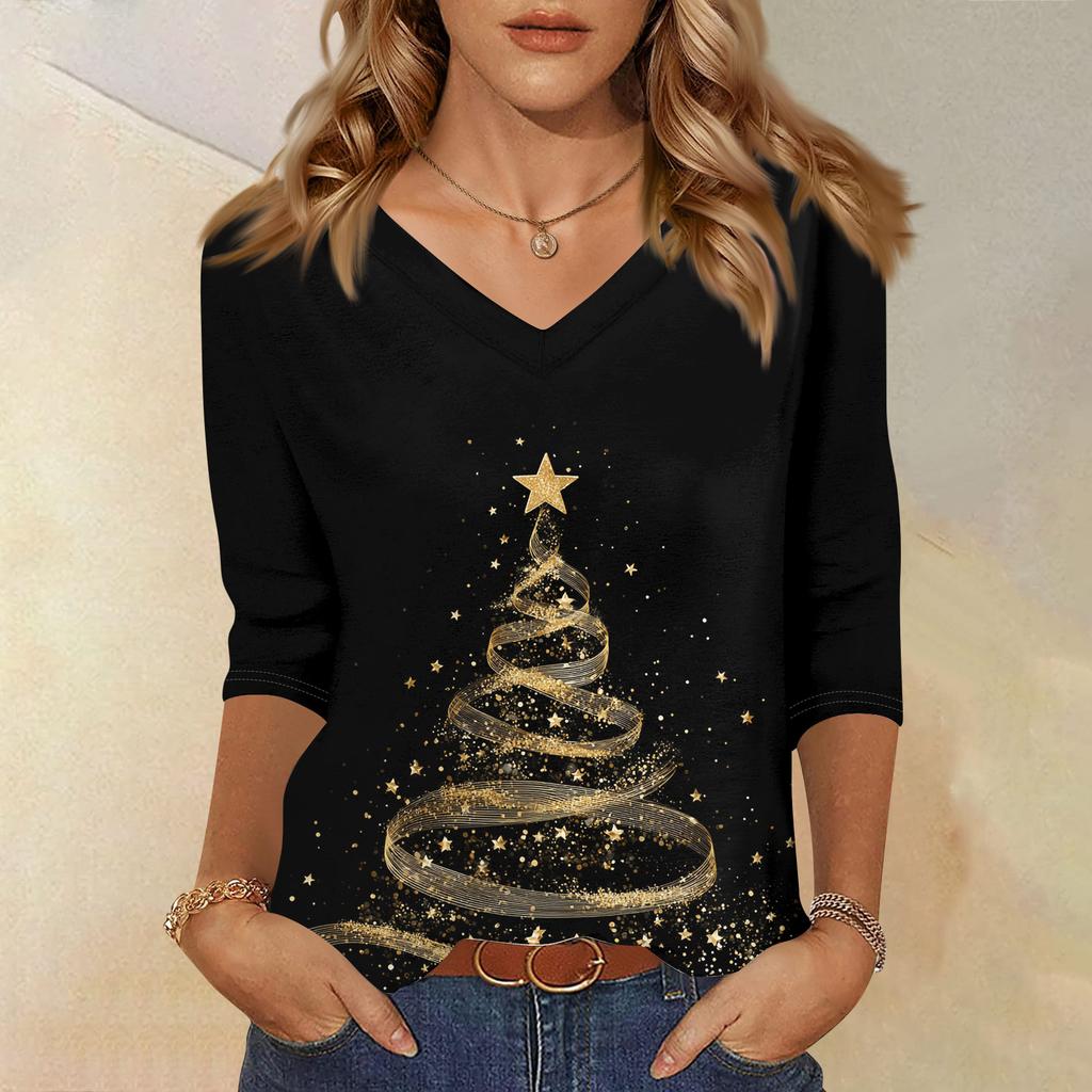 3/4 Sleeve Shirts For Women Print Christmas Tees Blouses Casual Plus Size Basic Tops Pullover