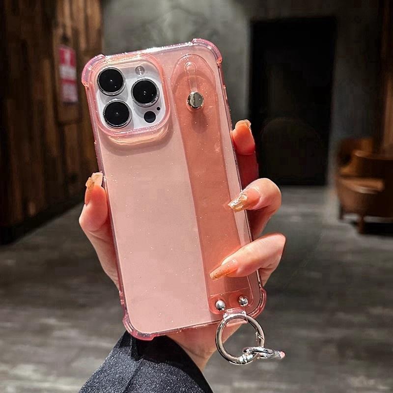 Luxury Transparent Glitter Wrist Strap Phone Case For iPhone 11 12 13 14 15 16 Pro Max X XR XS Plus Stand Clear Shockproof Cover