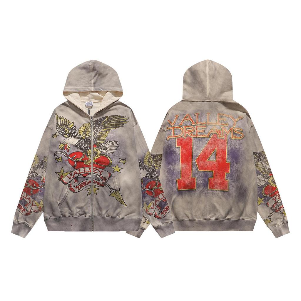 Unisex Retro Print Distressed Zipper Hoodie - Loose Fit, High Street American Style