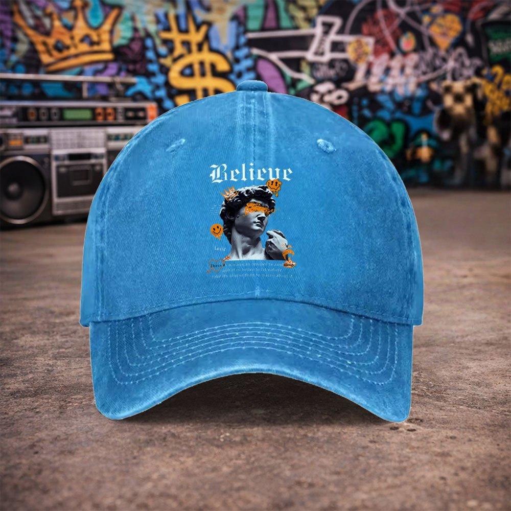 Pc Unisex David Statue Graffiti Vintage Washed Baseball Cap Unisexs Trendy Hat Versatile Duckbill Cap Fun Print A Unique