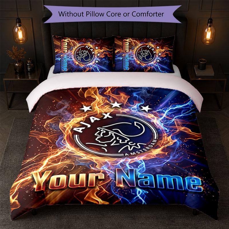 Ajax Amsterdam Custom Name Text Bedding Set 1 Duvet Cover+2 Pillowcases Soccer Logo Personalized Gift For Special Occasion Bedroom Decor