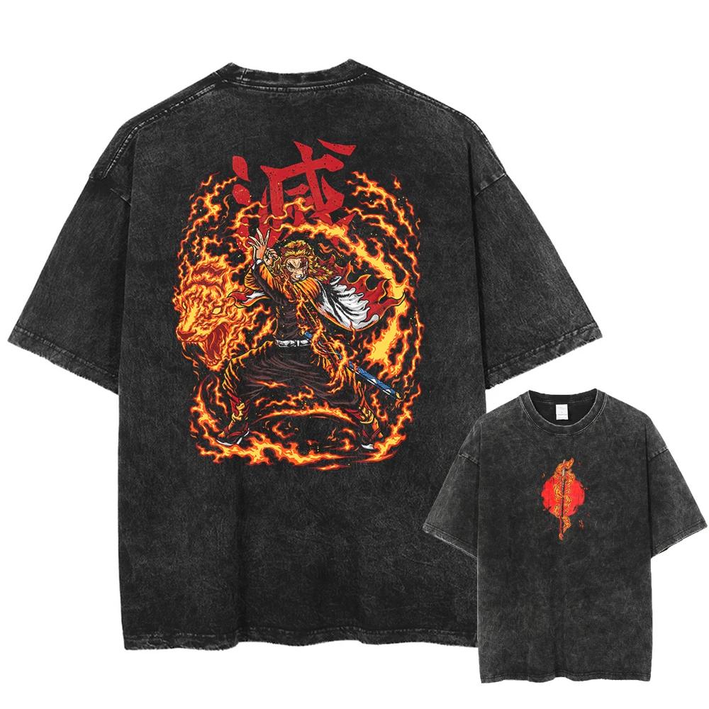 Hot Sale Demon Slayer Kimetsu No Yaiba Rengoku Kyoujurou Graphic Print T-Shirt Men Women Oversized Harajuku Style Vintage Washed Cotton Summer New Tee