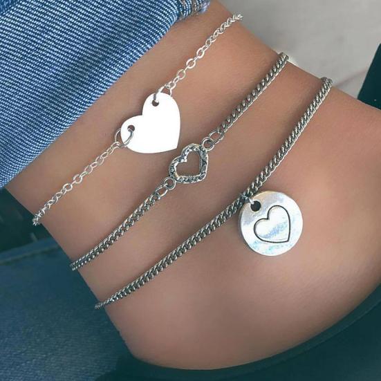 

3Pcs Multi-layer Round Heart Charm Anklet Women Hollow Ankle Chain Foot Jewelry