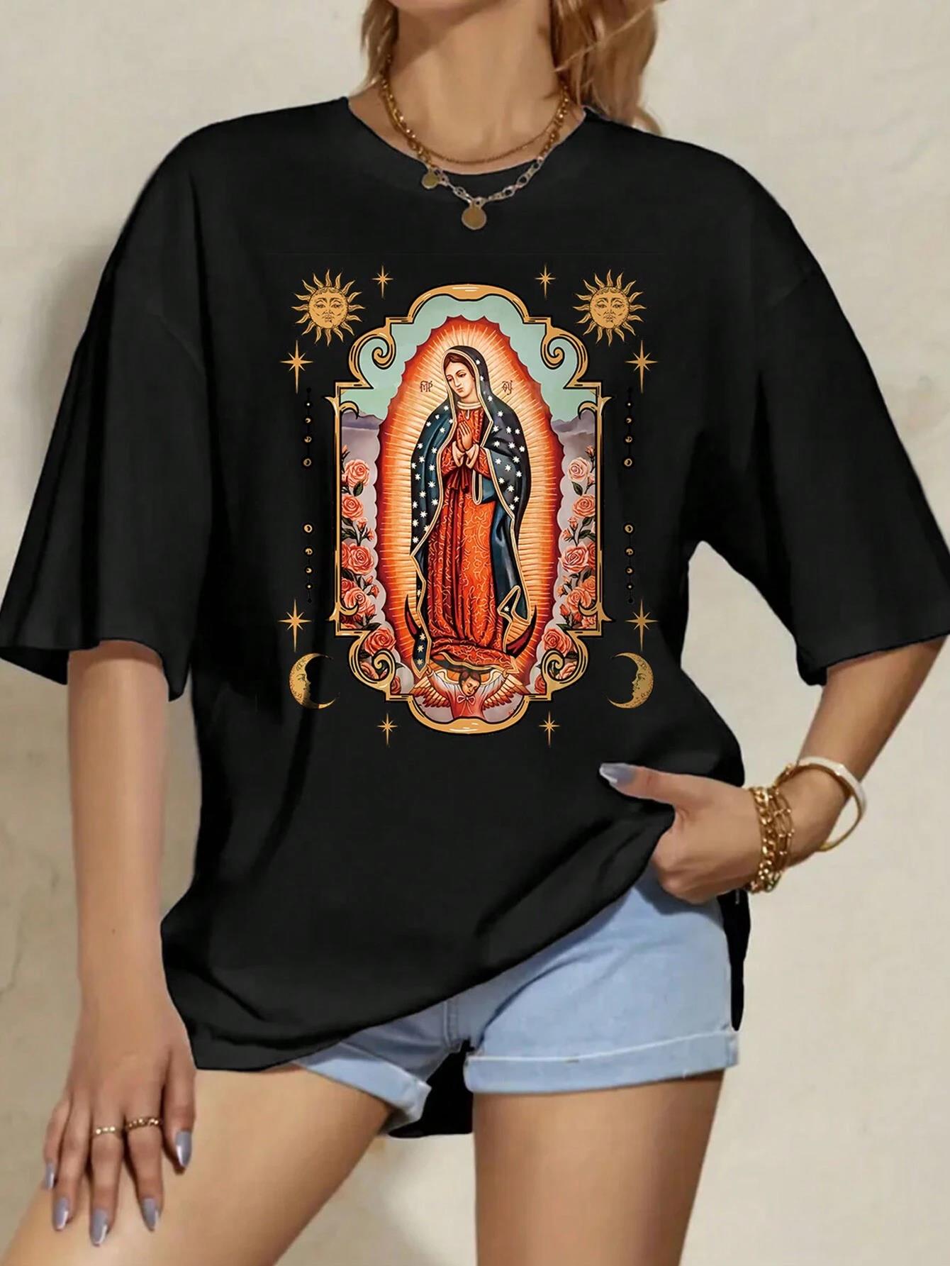 

100 Cotton Women Tshirt Our Lady Of Guadalupe Printed Tee Shirt Summer Comfortable Loose Tops Street Fashion Female Clothes 4XL