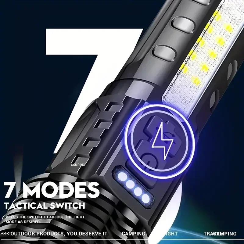 Powerful XHP50 LED Flashlight Waterproof Torch With Side Light 7 Modes Camping Fishing Lantern Type C Rechargeable Zoom Lamp