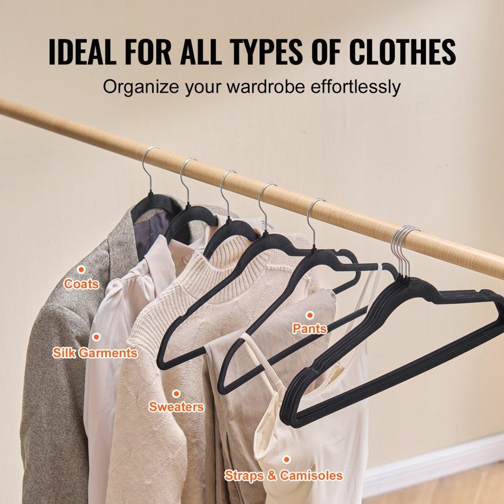 50Pcs 11LB Load Bearing Black Velvet Hangers 360 Swivel Hook Ultra Thin Non Slip Space Saving for silk Coats Sweaters Straps