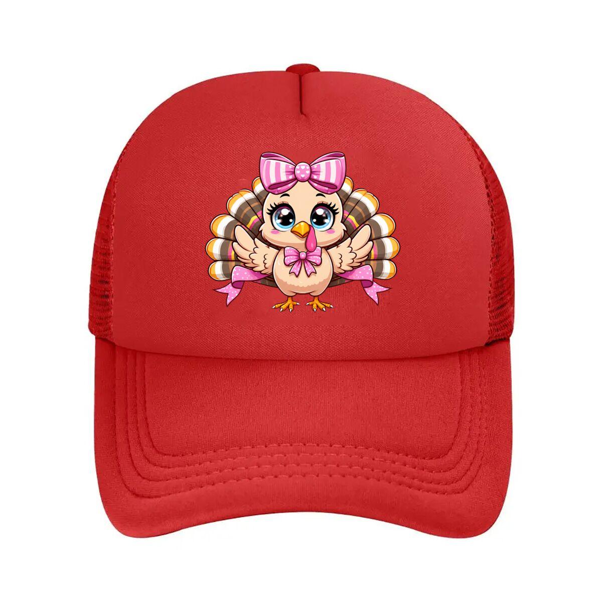 Cute Thanksgiving Turkey Pink Bow Cartoon Girl Mesh Baseball Cap Hip Hop Adjustable