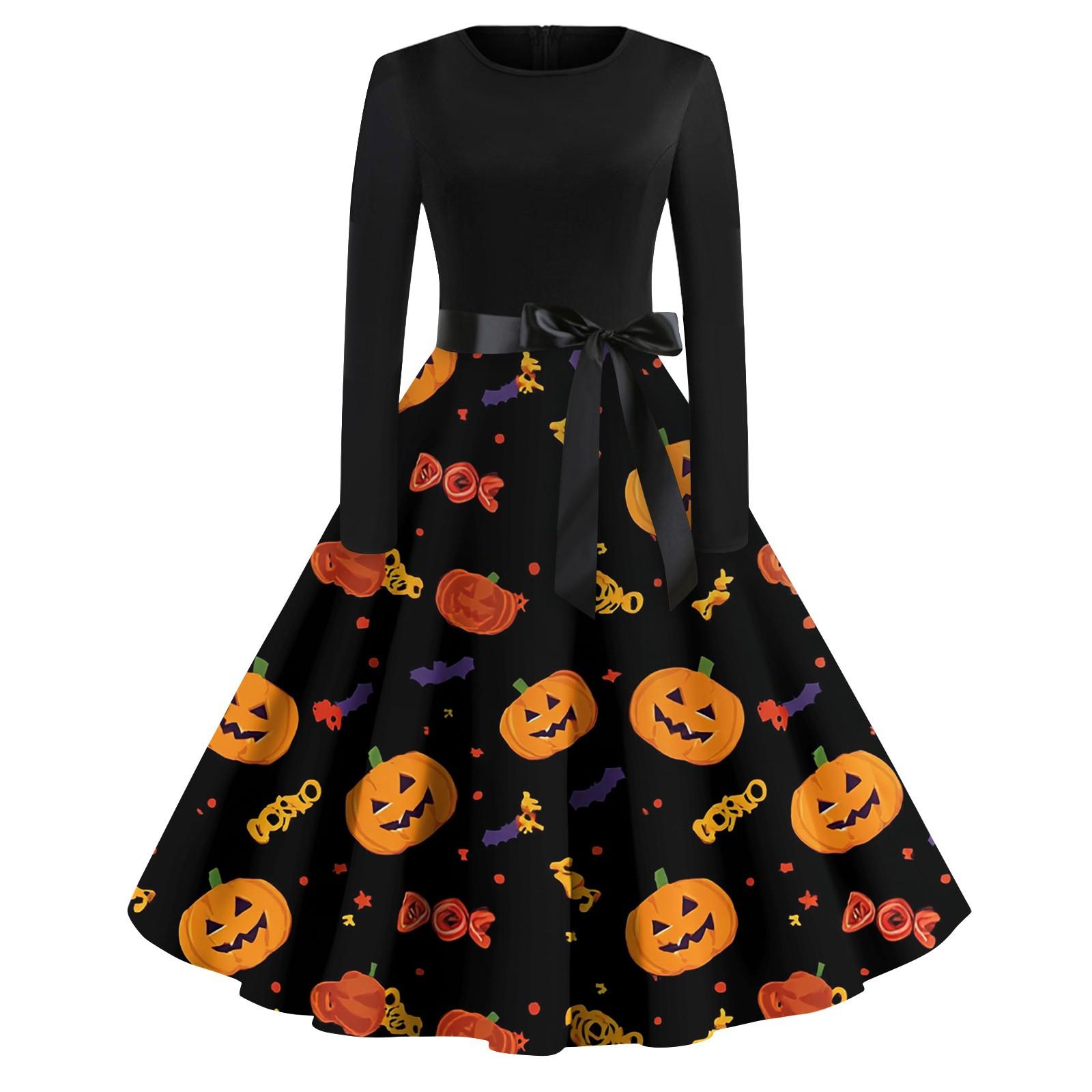 

Женские модные платья с круглым вырезом, повседневные, приталенные, с принтом на Хэллоуин, с длинным рукавом S шафрановый