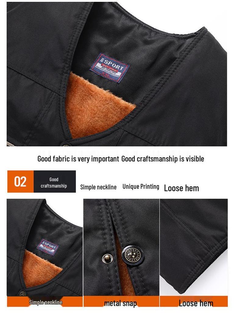 Men's Autumn/Winter Fleece-Lined Multi-Pocket Sleeveless Vest - Warm Cotton Waistcoat for Middle-Aged & Elderly