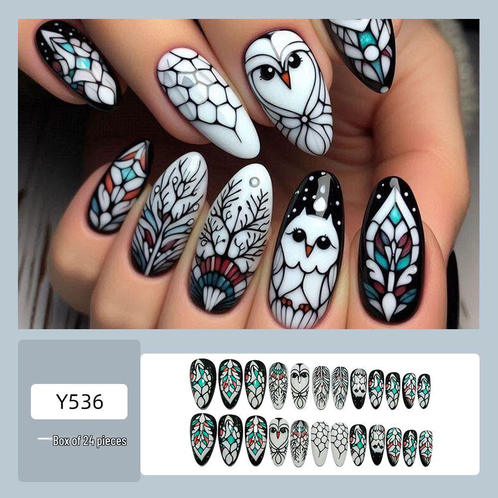 

Black Owl Pattern Almond-Shaped Fashion False Nails - Mid-Length, Hot-Selling European and American Style Wearable Nails