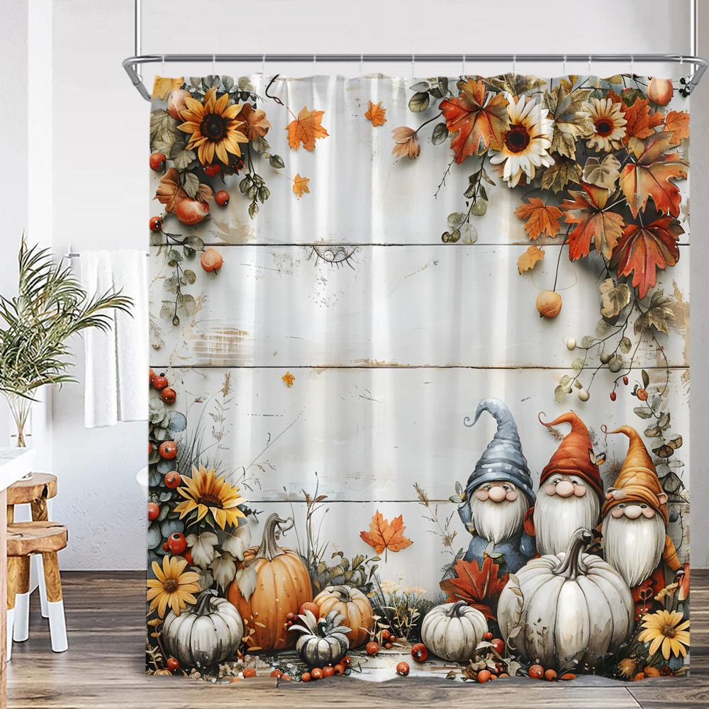 Fall Elf Shower Curtain Autumn Wooden Barn Door Pumpkin Sunflower Maple Bathroom Decor Nature Kid Child Bath Curtain with Hook