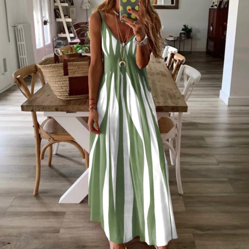Summer Women's Fashion Loose Suspender Color Block Printed Suspender Dress Long Dress