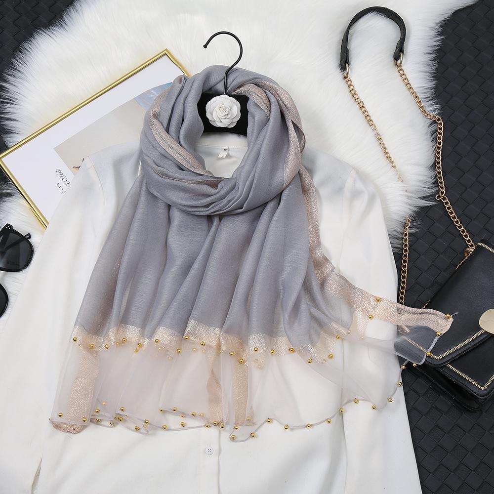 Fashion Luxury Silk Scarf For Women Shawls With Beads Long Scarf For Women Female Foluard Stoles Bandana Head Wraps Headscarf