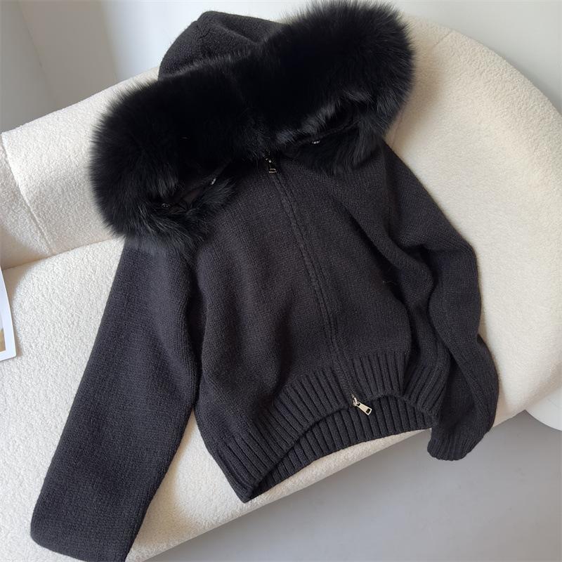 Women Cardigan Natural Fur Coat Real Mongolian Fur Knitwear Spring Autumn Hooded Knitted Fur Jacket