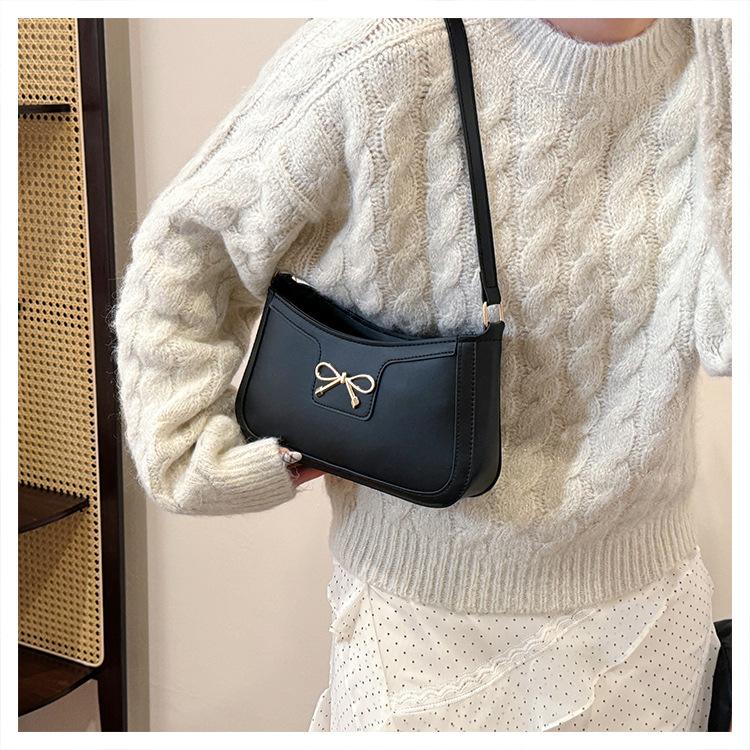 Women's Faux Leather Bowknot Shoulder Bag, Zipper Closure Simple Commuter Crossbody Purse, Ins Style Fashion Handbag
