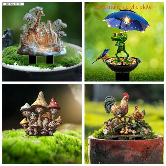 2D Acrylic Animal Garden Stake, Frog Rooster Giraffe Mushroom Yard Art Sign, Decorative Welcome Sign for Outdoor Yard Lawn Pathway