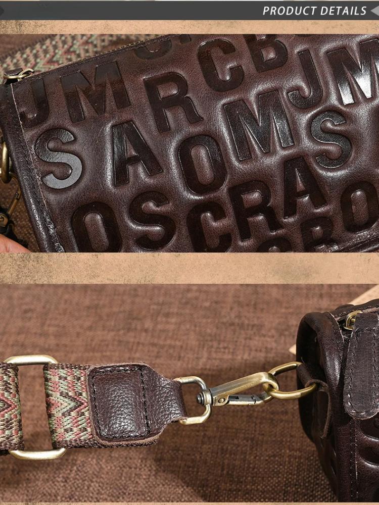 Johnature Retro Dámská taška z pravé kůže s ražbou písmen Všestranná široká ramenní popruh Ramenní crossbody taška