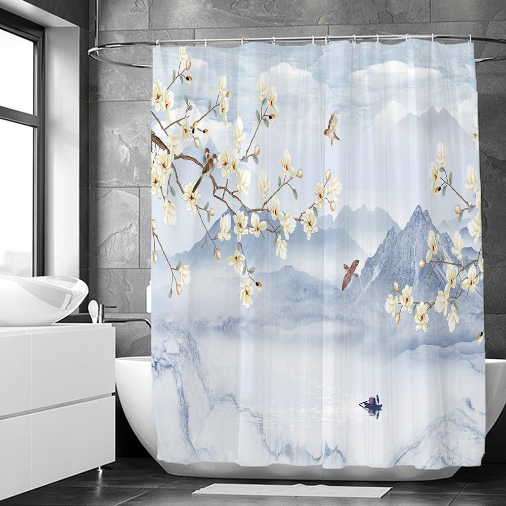 Flowers Birds Bath Curtain Waterproof Fabric Shower Curtains Floral Leaves Landscape Printing Bathroom Screen Home Decoration