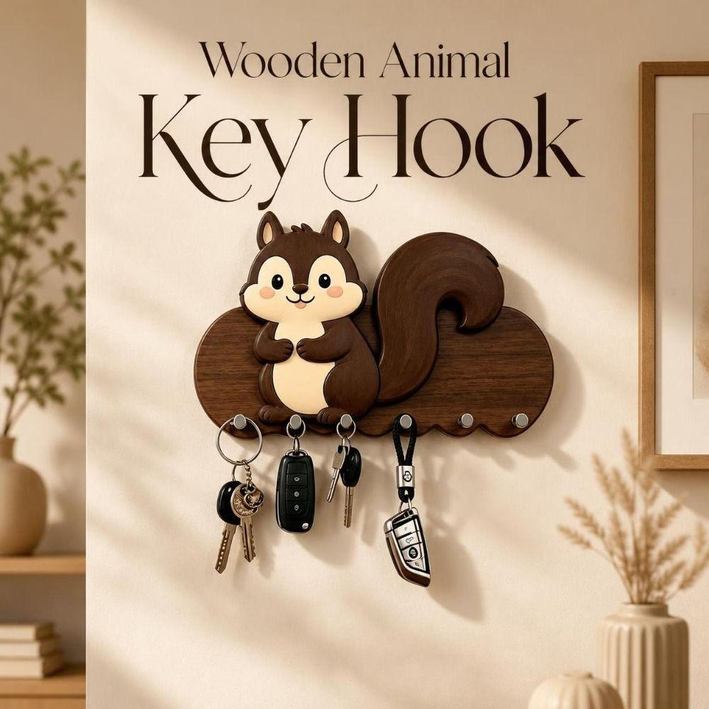 Cartoon Adhesive Key Holder Wooden Wall-mount Hanger Lovely Animal Key Hook  Hallway
