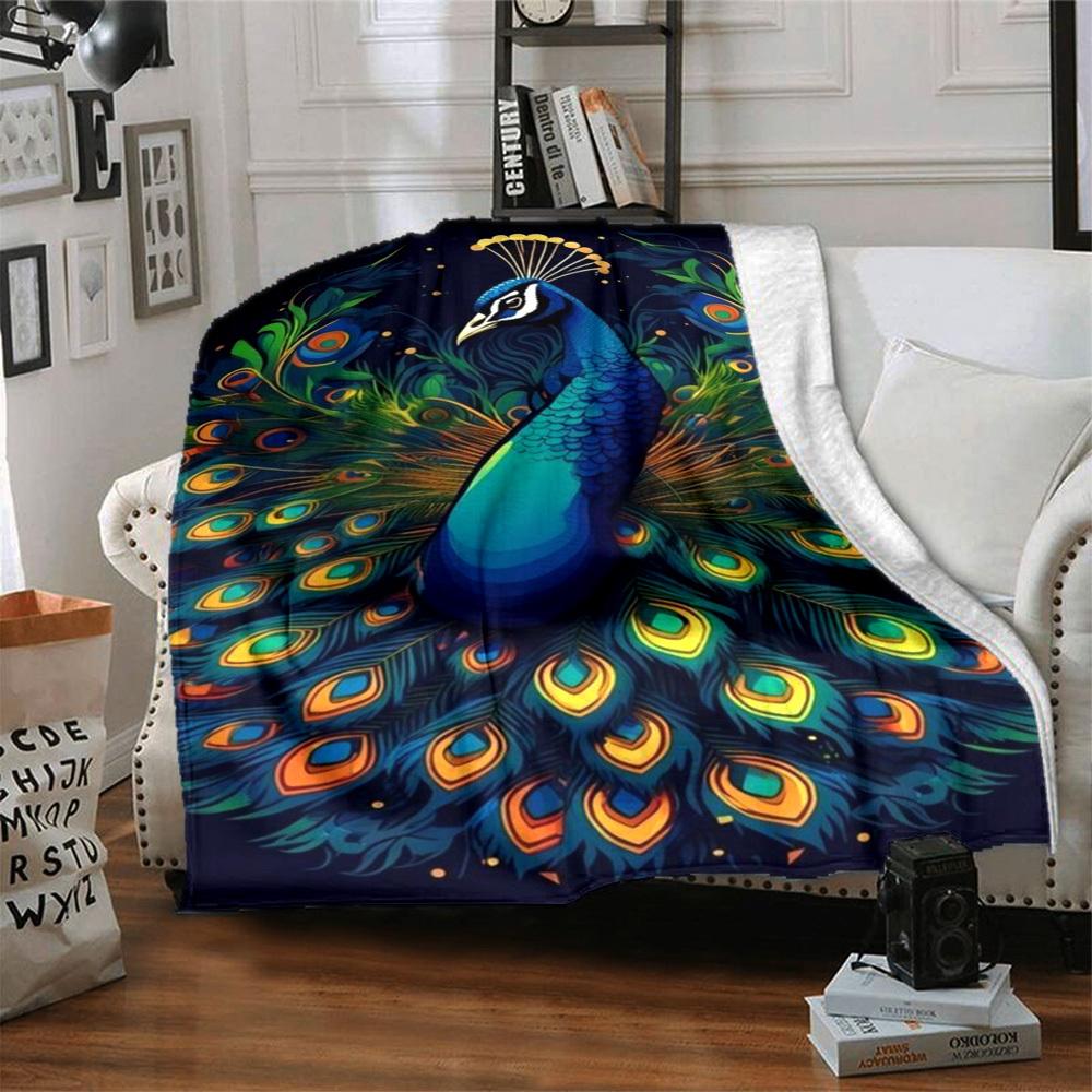 1pc Peacock Feather Blanket Lightweight Flannel Blanket Throw Blanket For Sofa, Bed, Travel, Camping, Livingroom, Couch, Chair, And Bed Yy2509026205