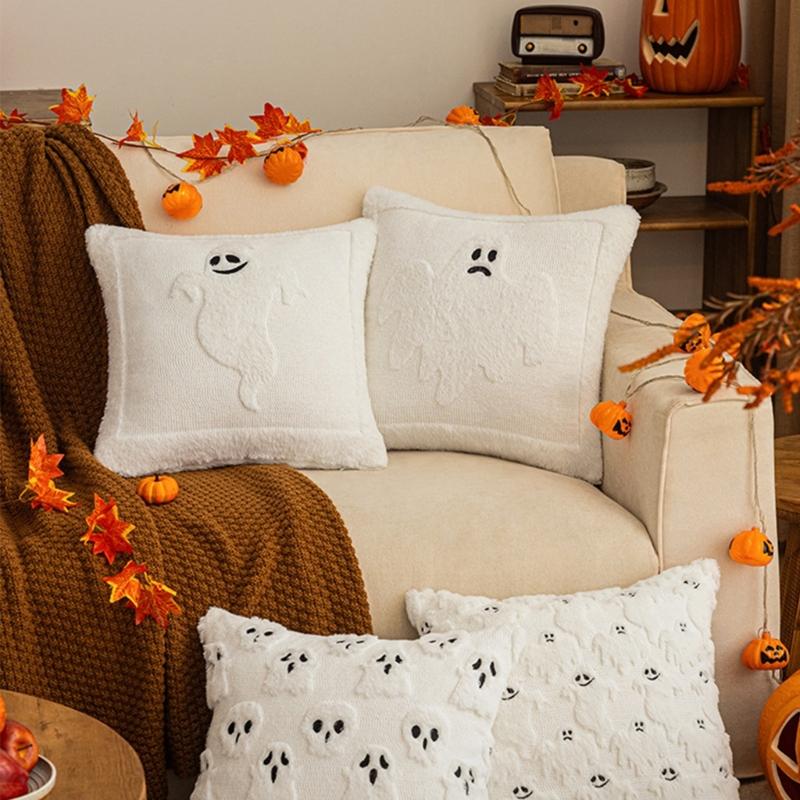 Spooky Themed Plush Pillow Cover Nursery Bedroom Decors Ghostly Pattern Throw Pillowcase for Sofa Couch Halloween Accessory