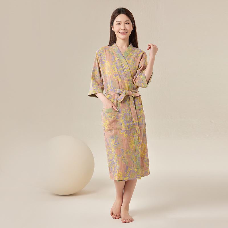 Pure Cotton Double Gauze Chinese Style Couple Bathrobe - Spring/Summer, Thin, Absorbent, Quick-Drying Pajamas/Homewear