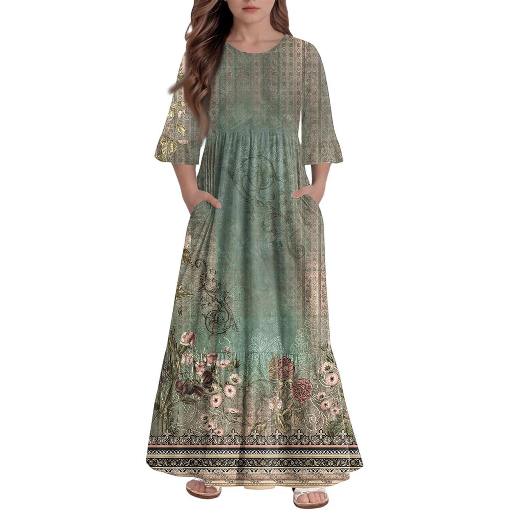 Girls' Tiered Ruffle Dress - 3/4 Sleeve Pocket Maxi With Pockets