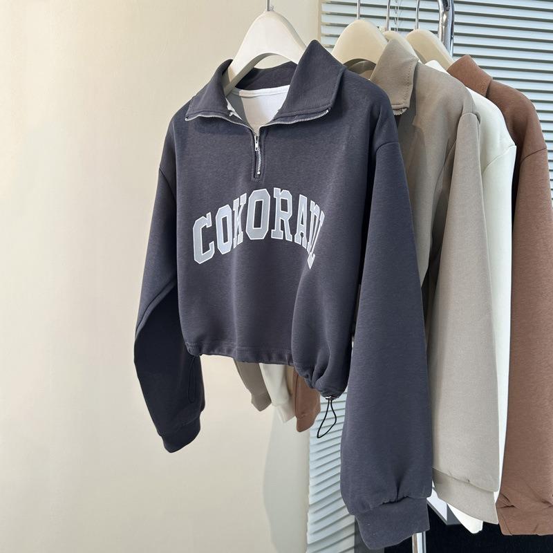 Short waist sweater women's autumn thin loose and thin half-zipper Plo collar printed top