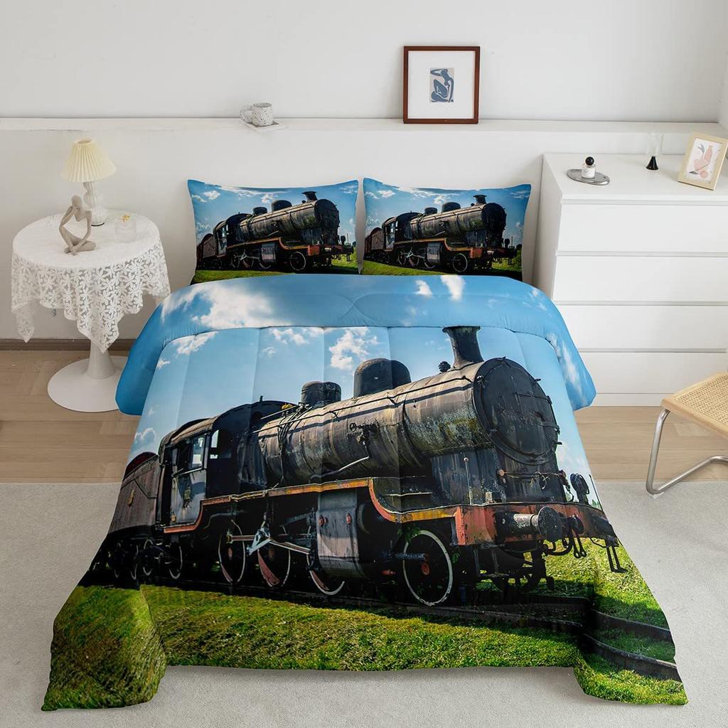 Children'S Train Theme Quilt Set Three-Piece Train Railway Track Duvet Set