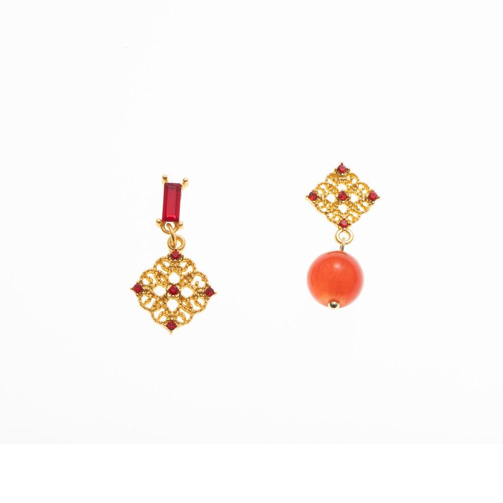 Asymmetrical Retro Pearl Stud Earrings: 925 Sterling Silver, Chinese Style, Red Floral Diamond Inlay for Women