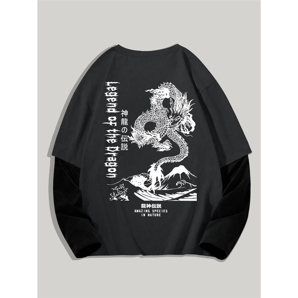 Men's Long Sleeve Crew Neck T-Shirt with Dragon Print, Casual Polyester Knit with Geometric Pattern