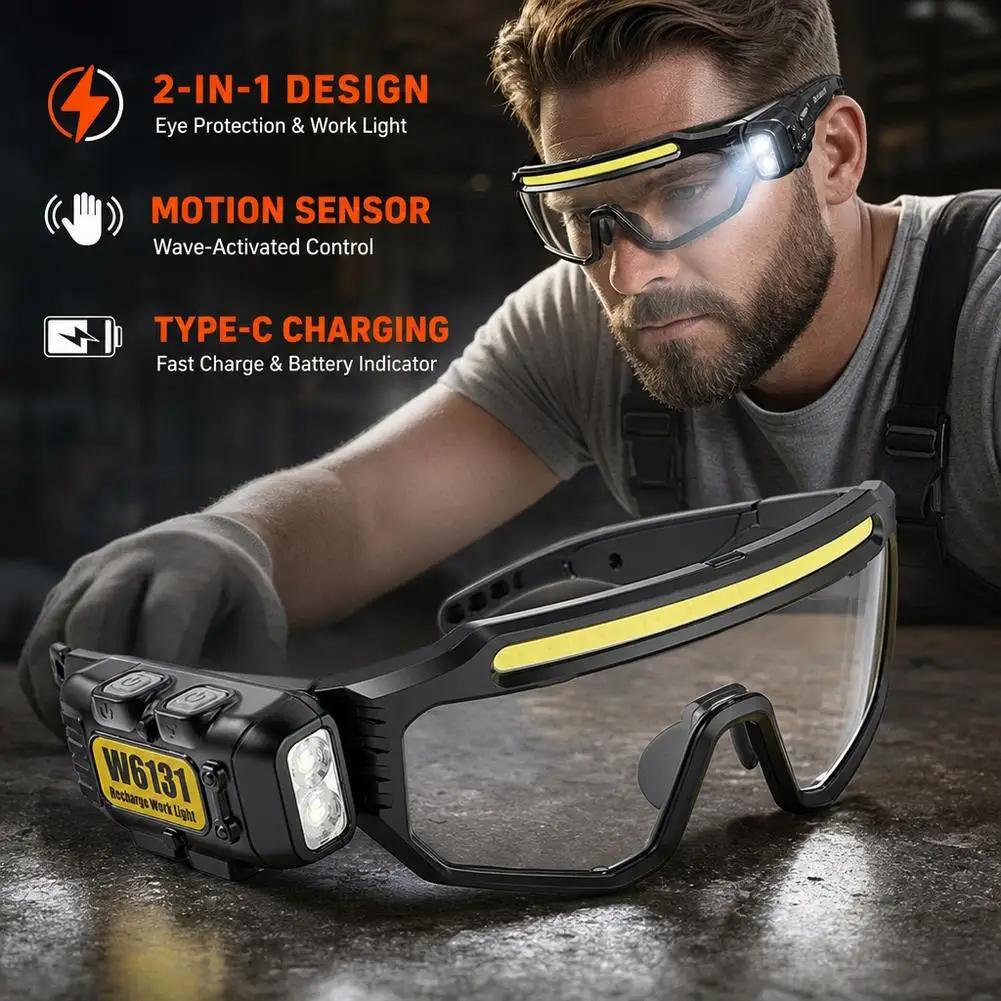 KEBIDU LED Safety Goggles Smart Motion Sensor Work Light Dual Light Source Type-C Rechargeable Protective Glasses Headlamp