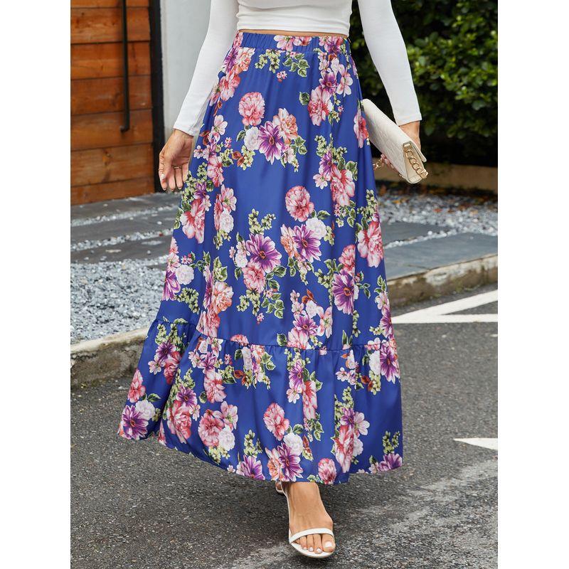 

Spring and Autumn Minimalist Wear European and American New Women s Clothes Asymmetrical Ladieswear Half-Length Dress Large Swing Vintage Floral Skirt Royal Blue S